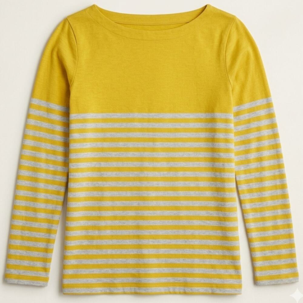 LOFT Petite Medium Yellow White Stripe Long Sleeve Boat Neck Cotton Top